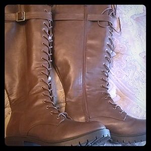 Brown faux leather wide calf boots